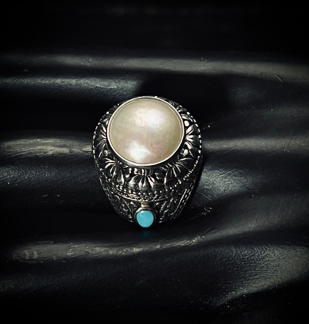 Vintage 925 Silver Mabe Pearl Turquoise Filigree Ring Size 9